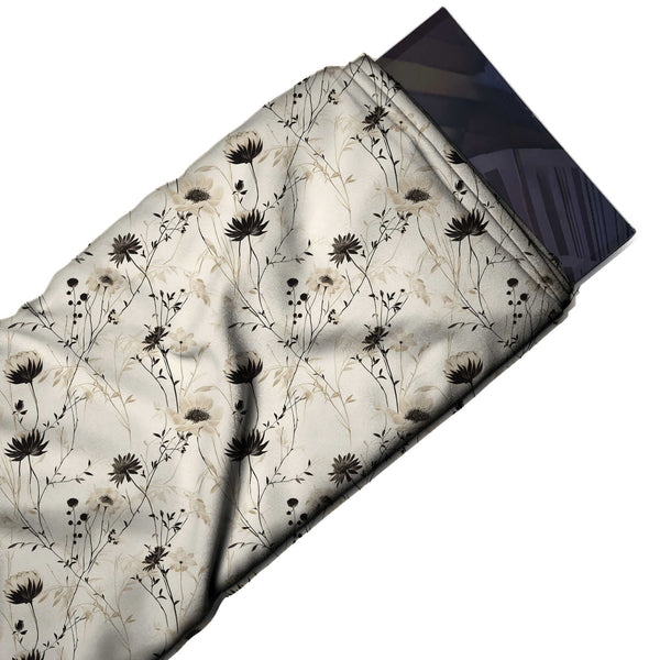 Cream & Black Meadow Wildflower Stems Printed French Crepe Fabric