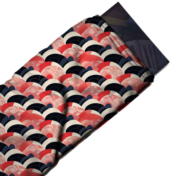 Cream & Black Navy Wave Arch Scallops Printed French Crepe Fabric