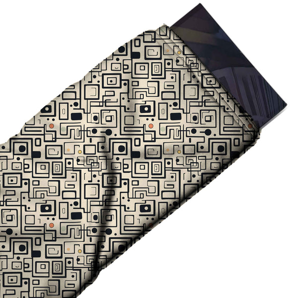 Cream & Black Nested Square Circuit Printed Moss Crepe Fabric
