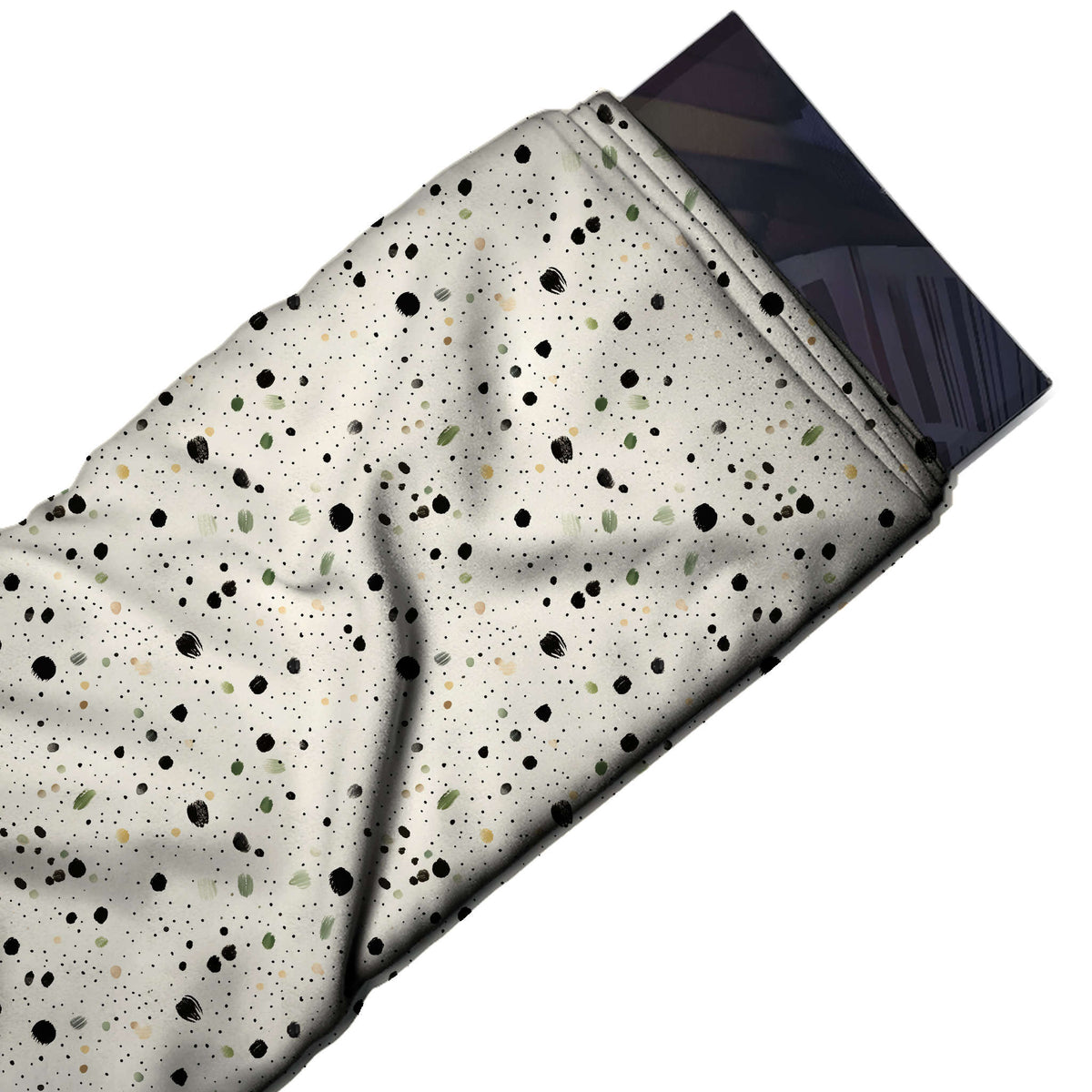 Flat fabric swatch: spaced scatter of small hand-painted black dots mixed with olive green, design Design No_4035, Clothwala