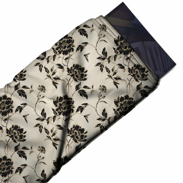 Cream & Black Peony Vine Printed French Crepe Fabric