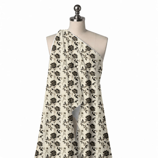 Cream & Black Peony Vine Printed French Crepe Fabric