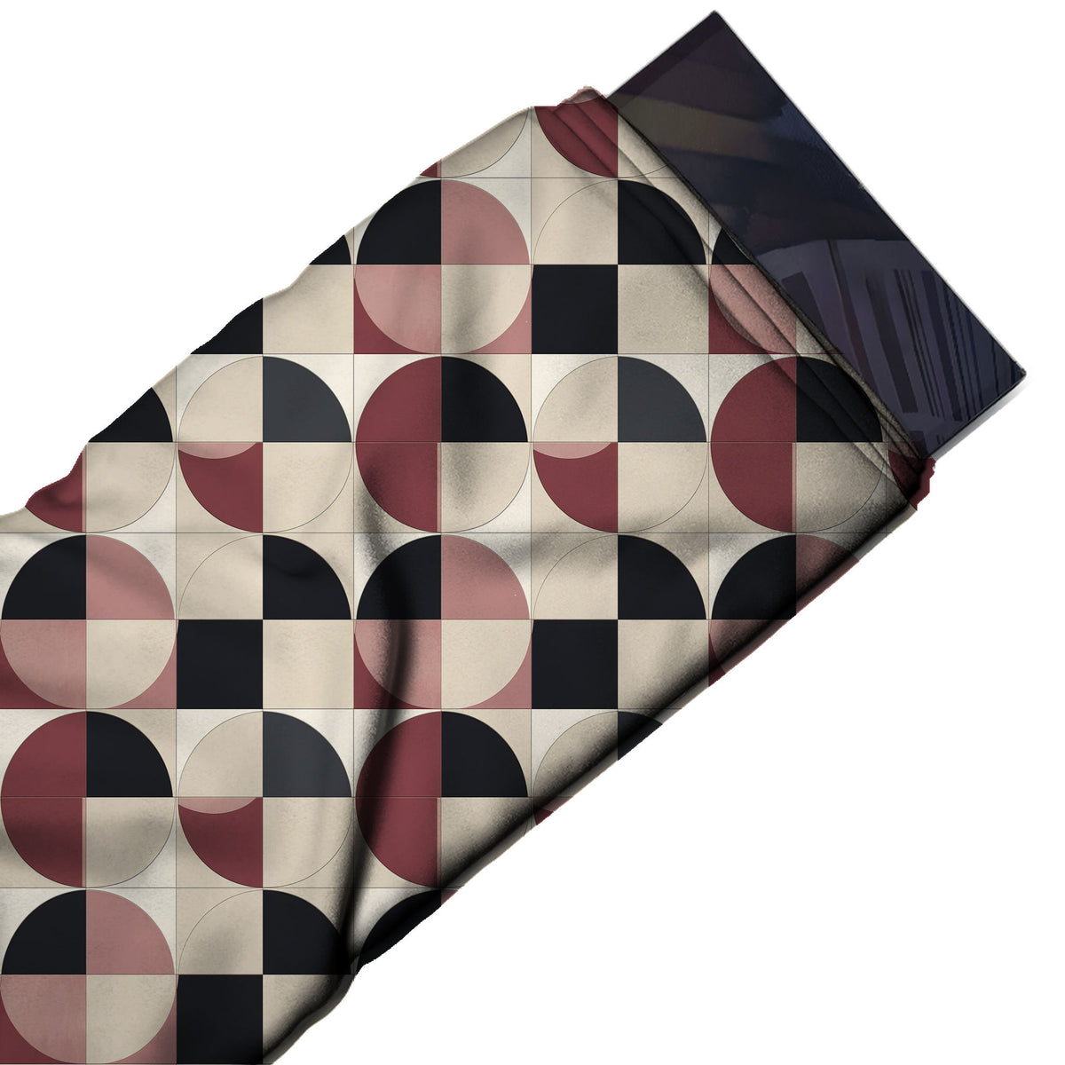Flat fabric swatch: regular grid of medium-scale circles divided into quarters of black, design Design No_4277, Clothwala