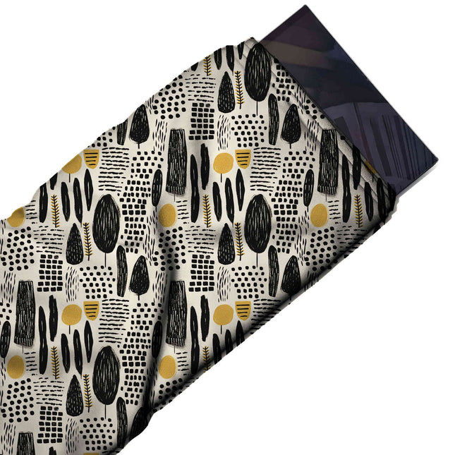 Flat fabric swatch: all-over one-way print of black scribble-filled trees, design Design No_4083, Clothwala