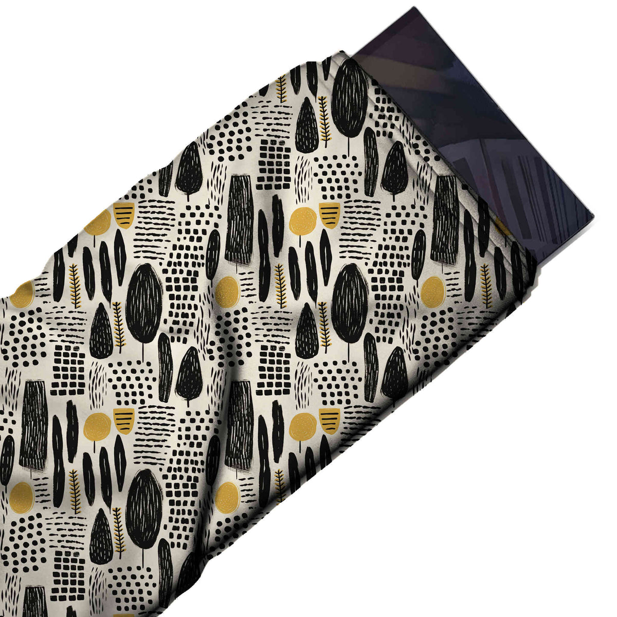 Flat fabric swatch: all-over one-way print of black scribble-filled trees, design Design No_4083, Clothwala