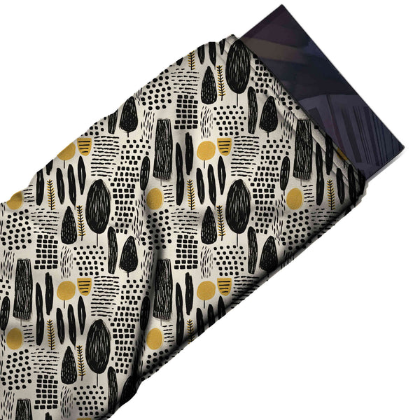 Cream & Black Scribble Trees & Dots Printed Spandex Fabric
