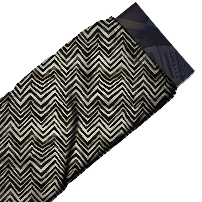 Flat fabric swatch: dense rows of thick black chevron zigzags with painted, design Design No_4025, Clothwala