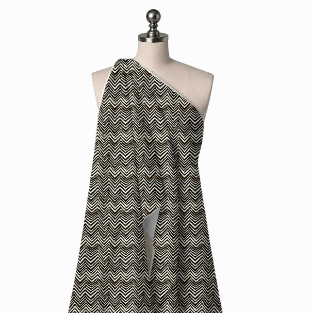 Draped on a mannequin: dense rows of thick black chevron zigzags with painted, design Design No_4025, Clothwala
