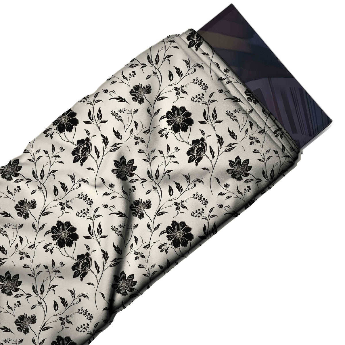 Flat fabric swatch: dense all-over two-colour print of solid black open flowers with fine, design Design No_4151, Clothwala
