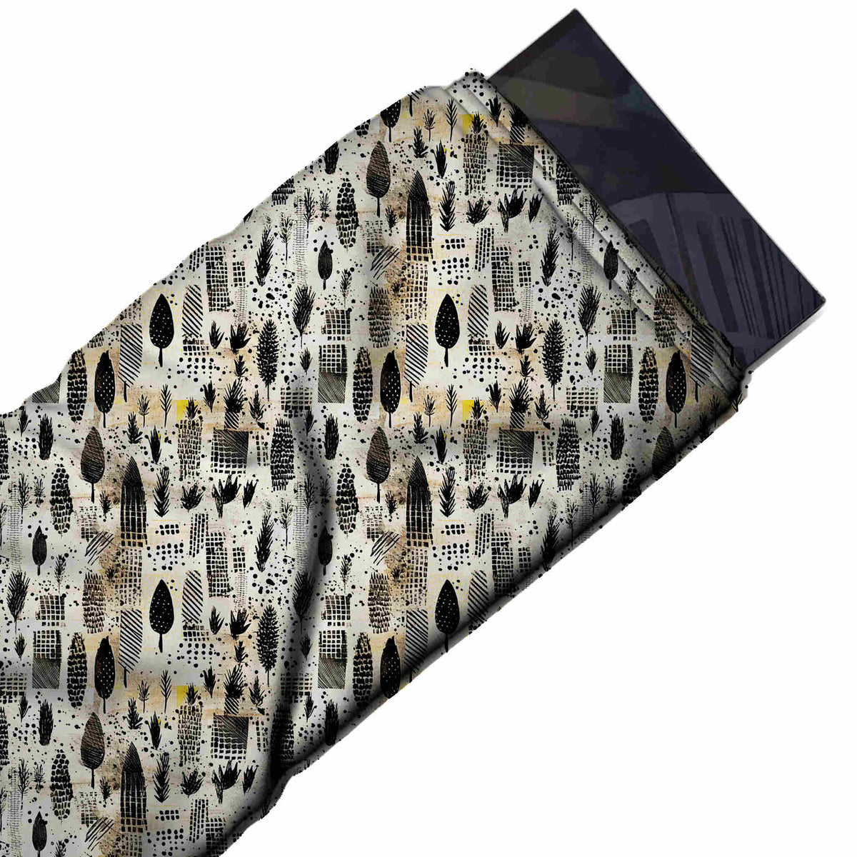 Flat fabric swatch: busy small-scale print of upright black leaves, design Design No_4082, Clothwala