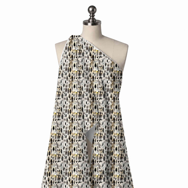 Draped on a mannequin: busy small-scale print of upright black leaves, design Design No_4082, Clothwala