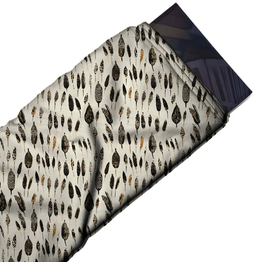 Flat fabric swatch: small-scale all-over print of upright feathers in mixed sizes, design Design No_4076, Clothwala
