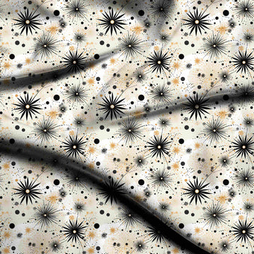 Cream & Black Spiky Starburst & Dots Printed Pure Natural Crepe Fabric