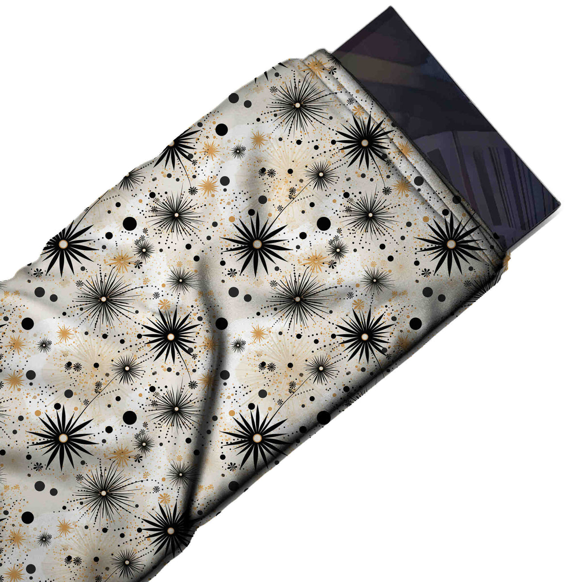 Flat fabric swatch: scattered all-over layout of black spiky starbursts in mixed sizes, design Design No_4366, Clothwala