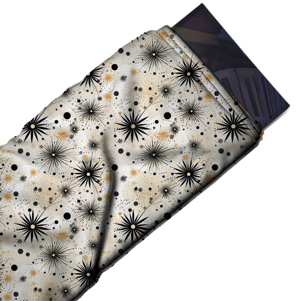 Cream & Black Spiky Starburst & Dots Printed Pure Natural Crepe Fabric