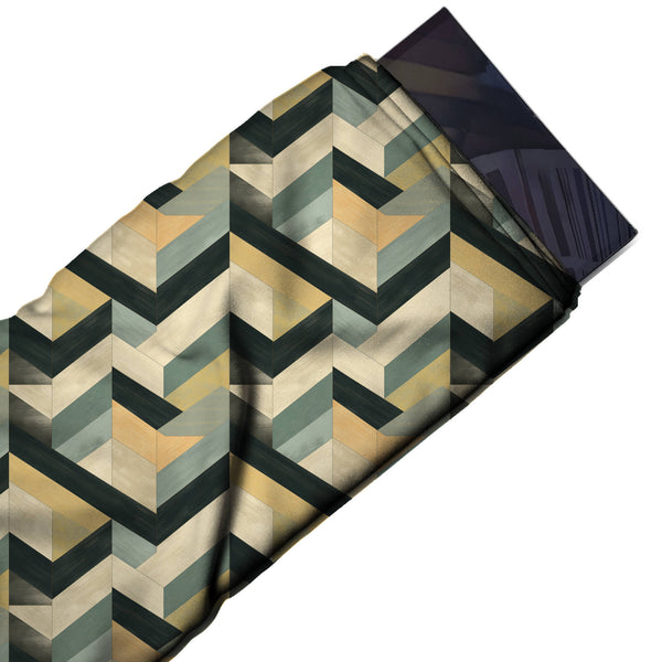 Cream & Black Stepped Chevron Blocks Printed Pure Natural Crepe Fabric