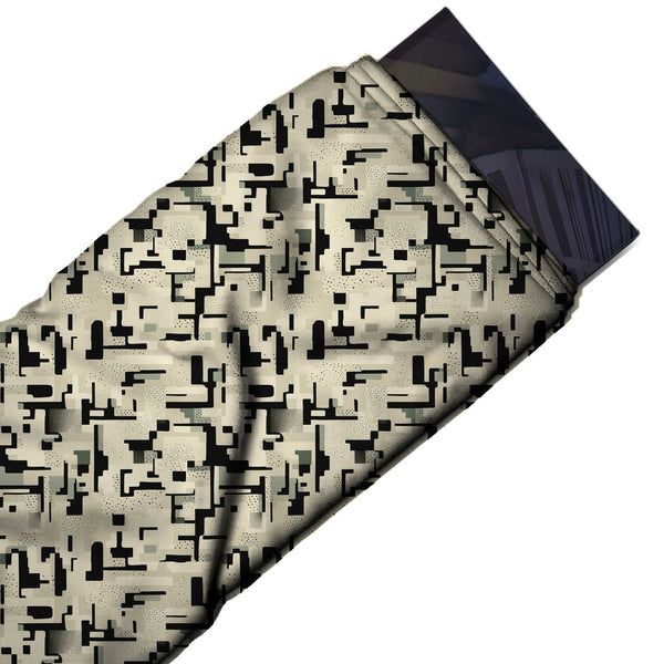 Cream & Black Stippled Maze Blocks Printed Spandex Fabric
