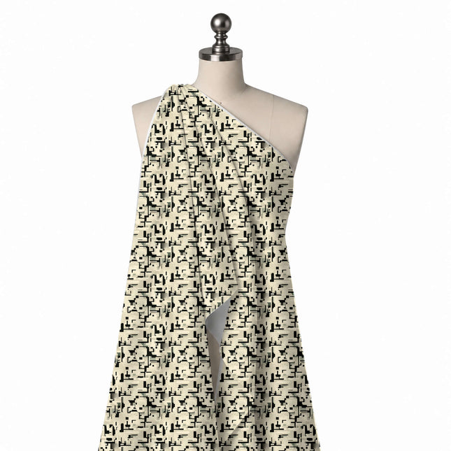 Draped on a mannequin: small-scale all-over geometric of black right-angled maze segments, design Design No_4075, Clothwala