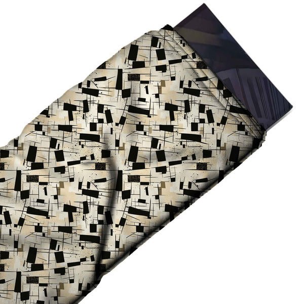 Cream & Black Tilted Black Rectangles Printed Spandex Fabric