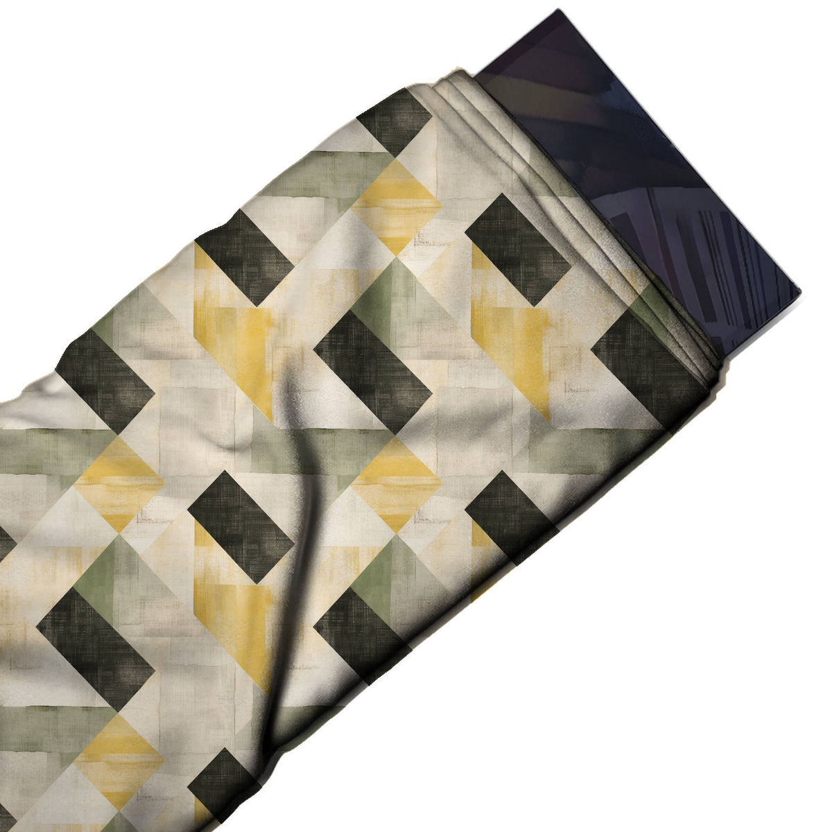 Flat fabric swatch: all-over geometric of tilted black rectangles set on the diagonal with, design Design No_4359, Clothwala