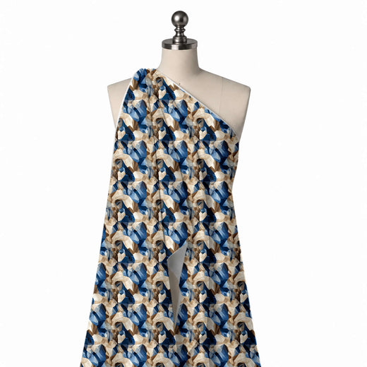 Cream & Blue Crumpled Facets Printed Crepe Fabric