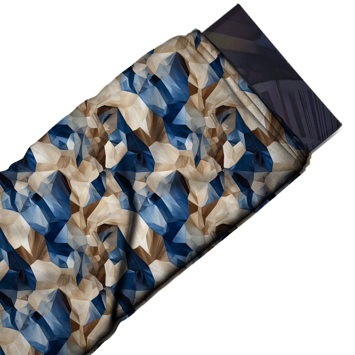 Flat fabric swatch: all-over low-poly geometric with rounded clusters of blue and navy facets, design 3507, Clothwala