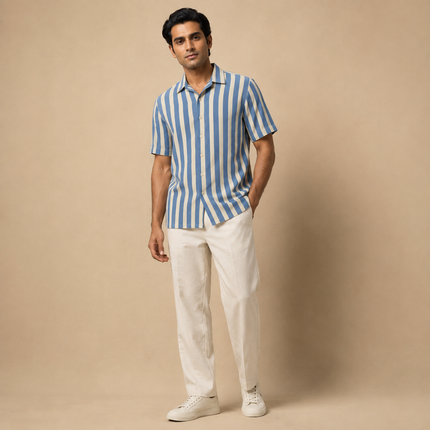 Cream & Blue Vertical Stripes Print Fabric — design 1450AC-AGGP/DS-154, Clothwala