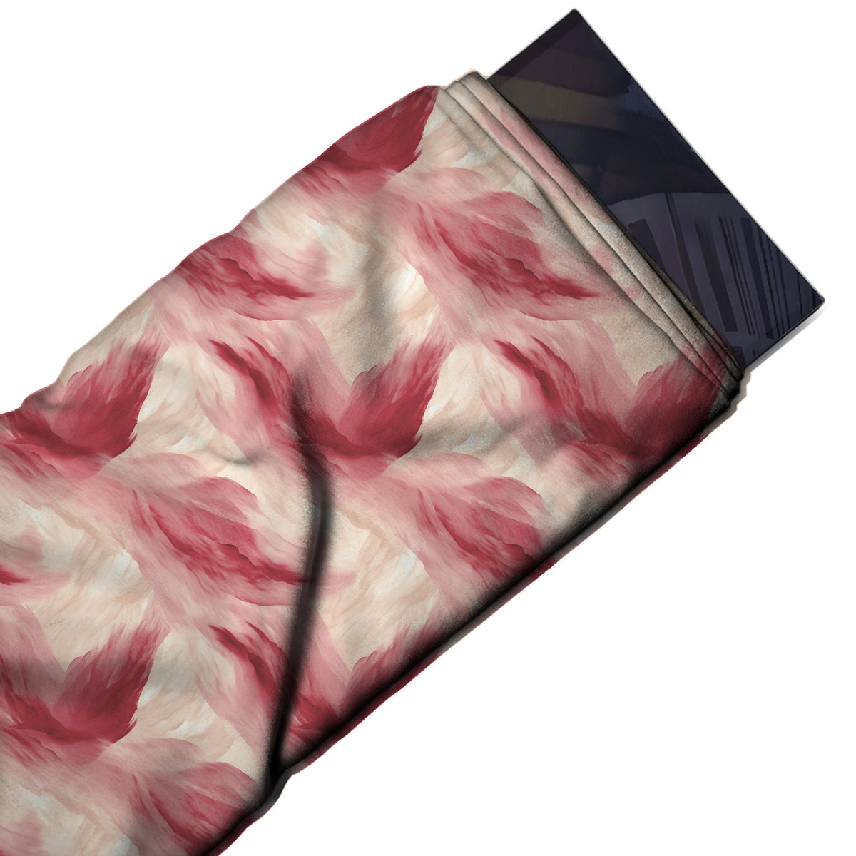 Flat fabric swatch: all-over painterly print of soft feathery brush sweeps in crimson pink, design Design No_3932, Clothwala