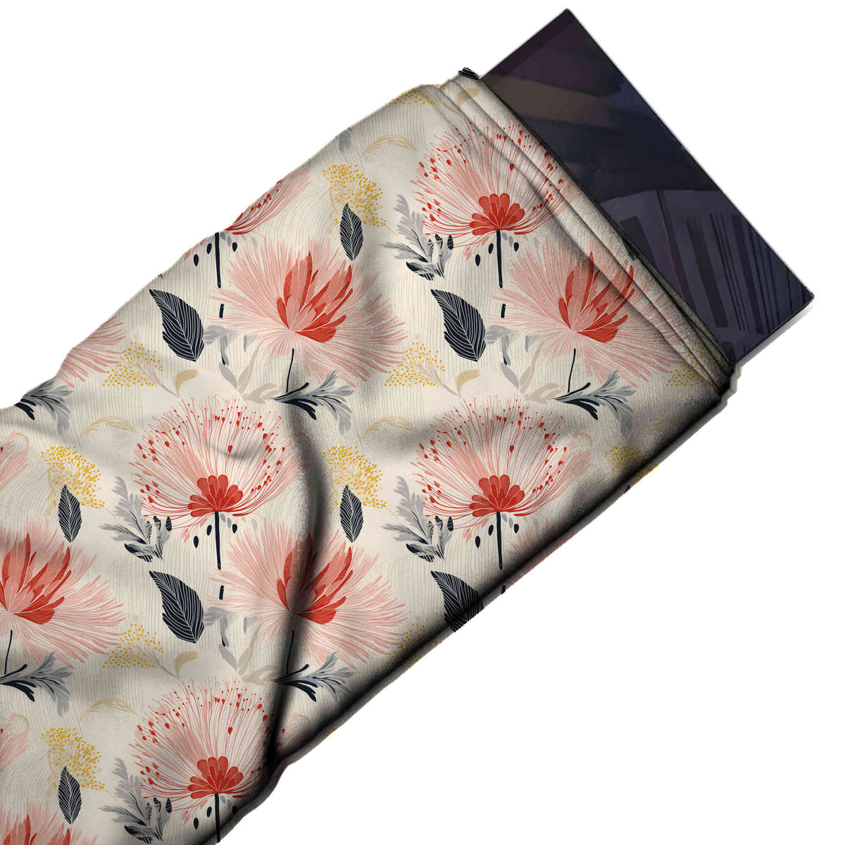 Flat fabric swatch: all-over one-way floral of large feathery blush pink blooms with coral red, design 3573, Clothwala