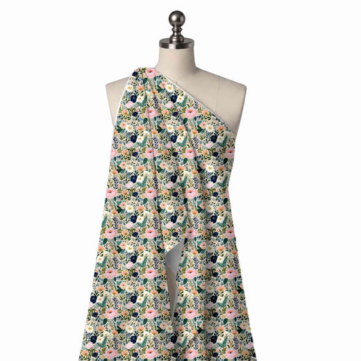 Cream & Blush Pink Garden Peony & Fern Printed Crepe Fabric