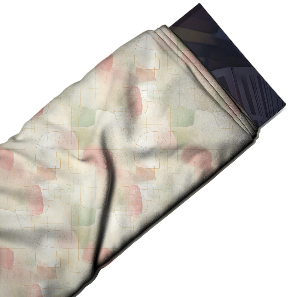 Flat fabric swatch: all-over faint layout of medium soft-edged watercolour patches in, design Design No_4218, Clothwala