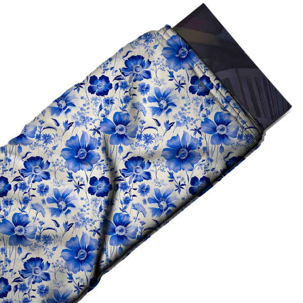 Cream & Bright Cobalt Blue Anemone Meadow Printed Pure Natural Crepe Fabric