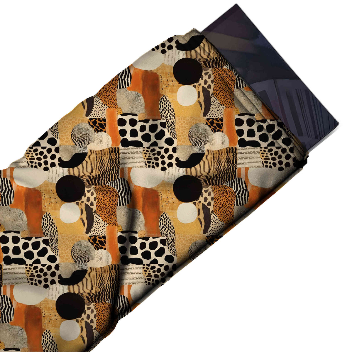 Cream & Burnt Orange Animal Spots & Discs Printed Moss Crepe Fabric - flat fabric swatch, design Design No_3748, Clothwala