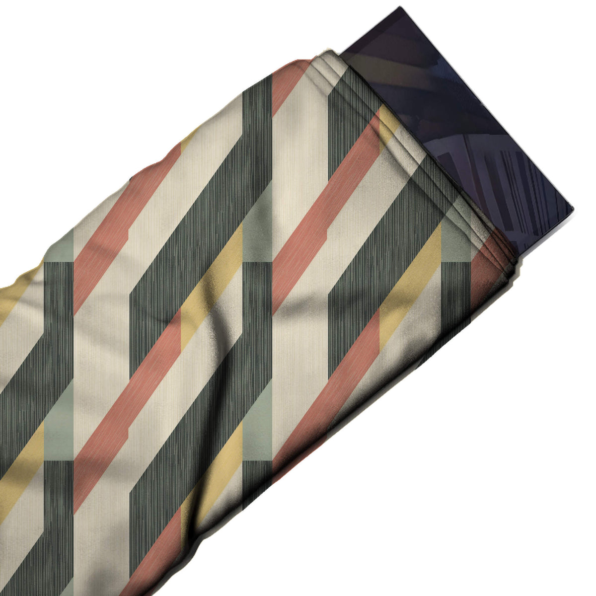 Flat fabric swatch: large-scale geometric of wide diagonal bands that bend into vertical, design Design No_4312, Clothwala