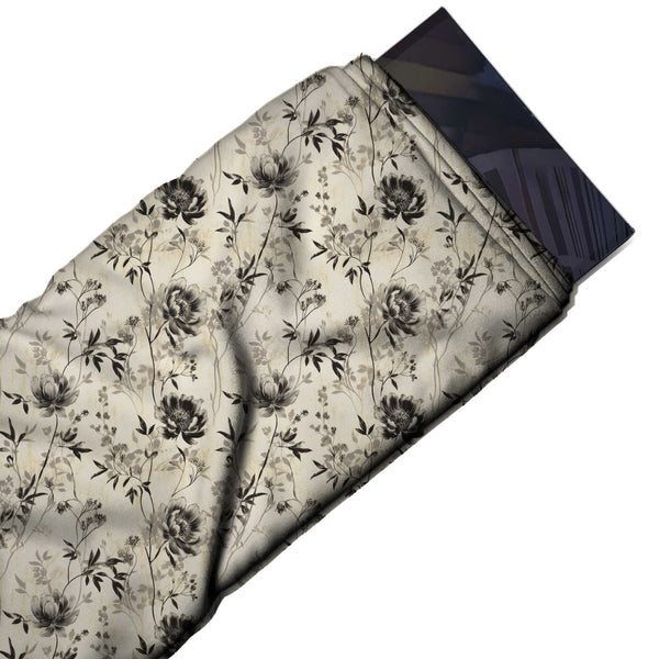 Cream & Charcoal Green Ink Peony Trails Printed Armani Satin Fabric