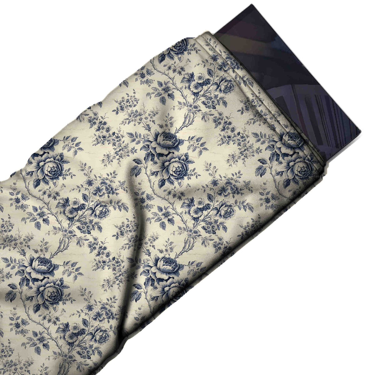 Flat fabric swatch: all-over climbing layout of charcoal and slate grey roses in pairs on winding, design 3605, Clothwala