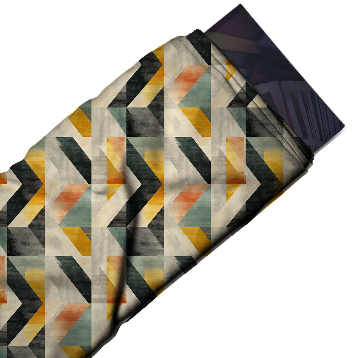 Flat fabric swatch: dense all-over geometric of right-pointing chevrons and angled blocks, design Design No_4322, Clothwala