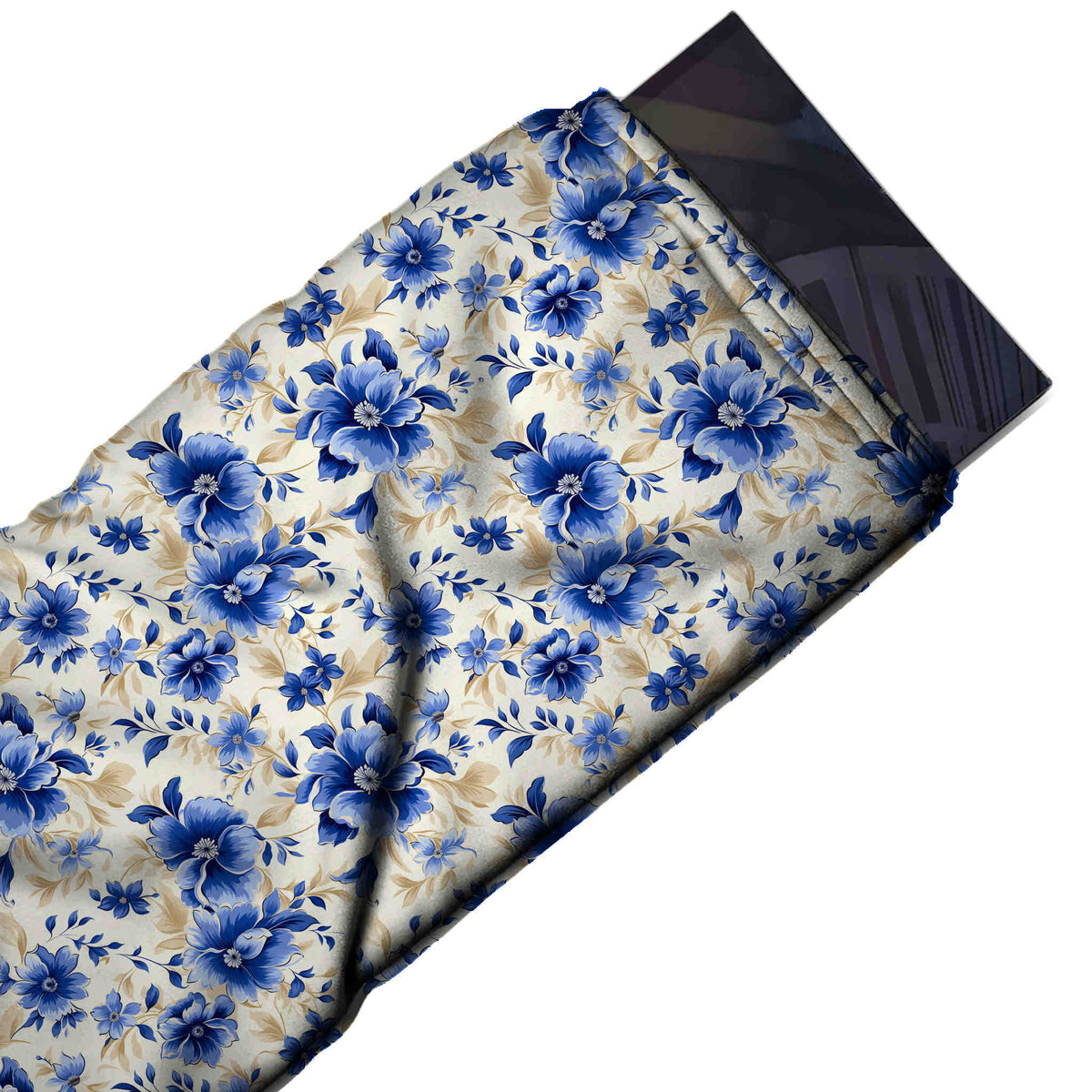 Flat fabric swatch: dense all-over medium-scale floral of shaded cobalt open blossoms in, design Design No_4581, Clothwala