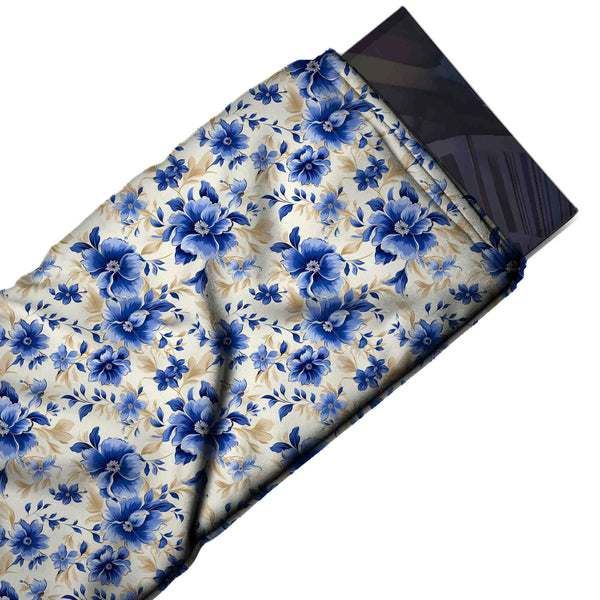 Cream & Cobalt Blue Blossom & Gold Leaf Printed Pure Natural Crepe Fabric