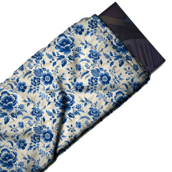 Cream & Cobalt Blue Folk Blue Rose Sprigs Printed Pure Natural Crepe Fabric