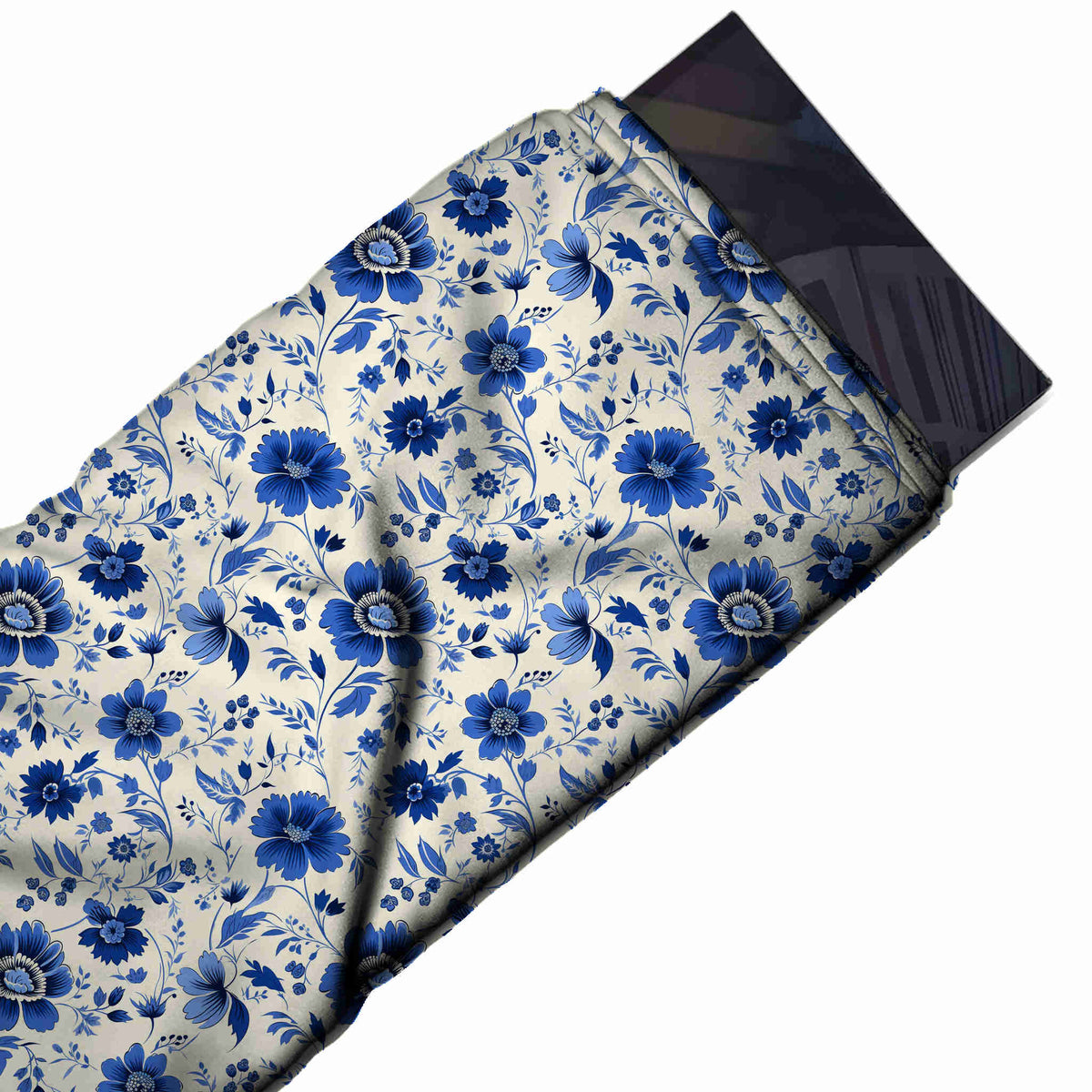 Flat fabric swatch: dense all-over small-to-medium floral of round cobalt blooms with, design Design No_4572, Clothwala