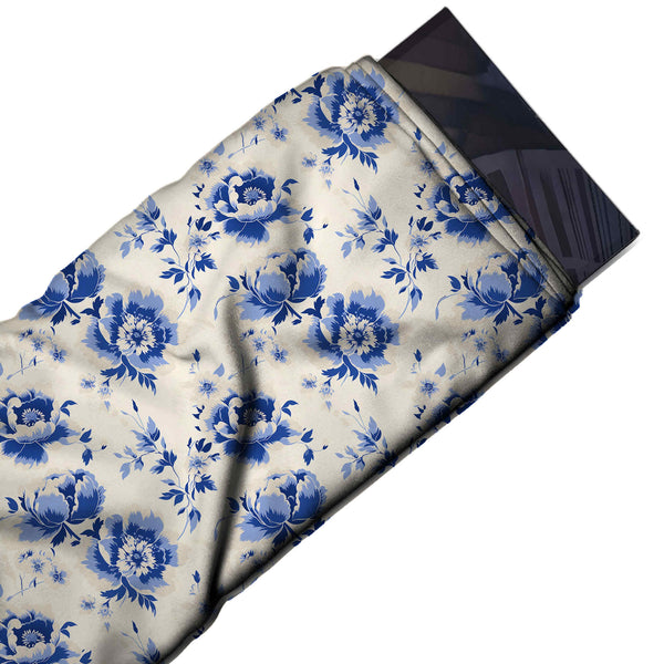 Cream & Cobalt Blue Paired Blue Peonies Printed Pure Natural Crepe Fabric