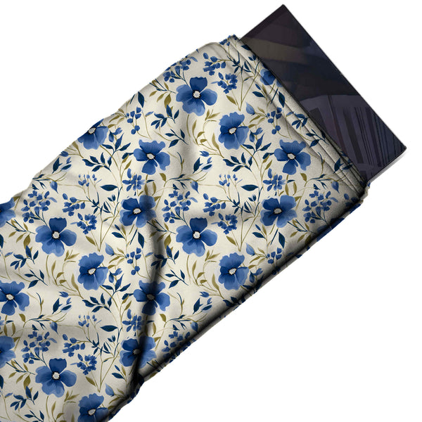 Cream & Cobalt Blue Pansy Meadow Printed Pure Natural Crepe Fabric