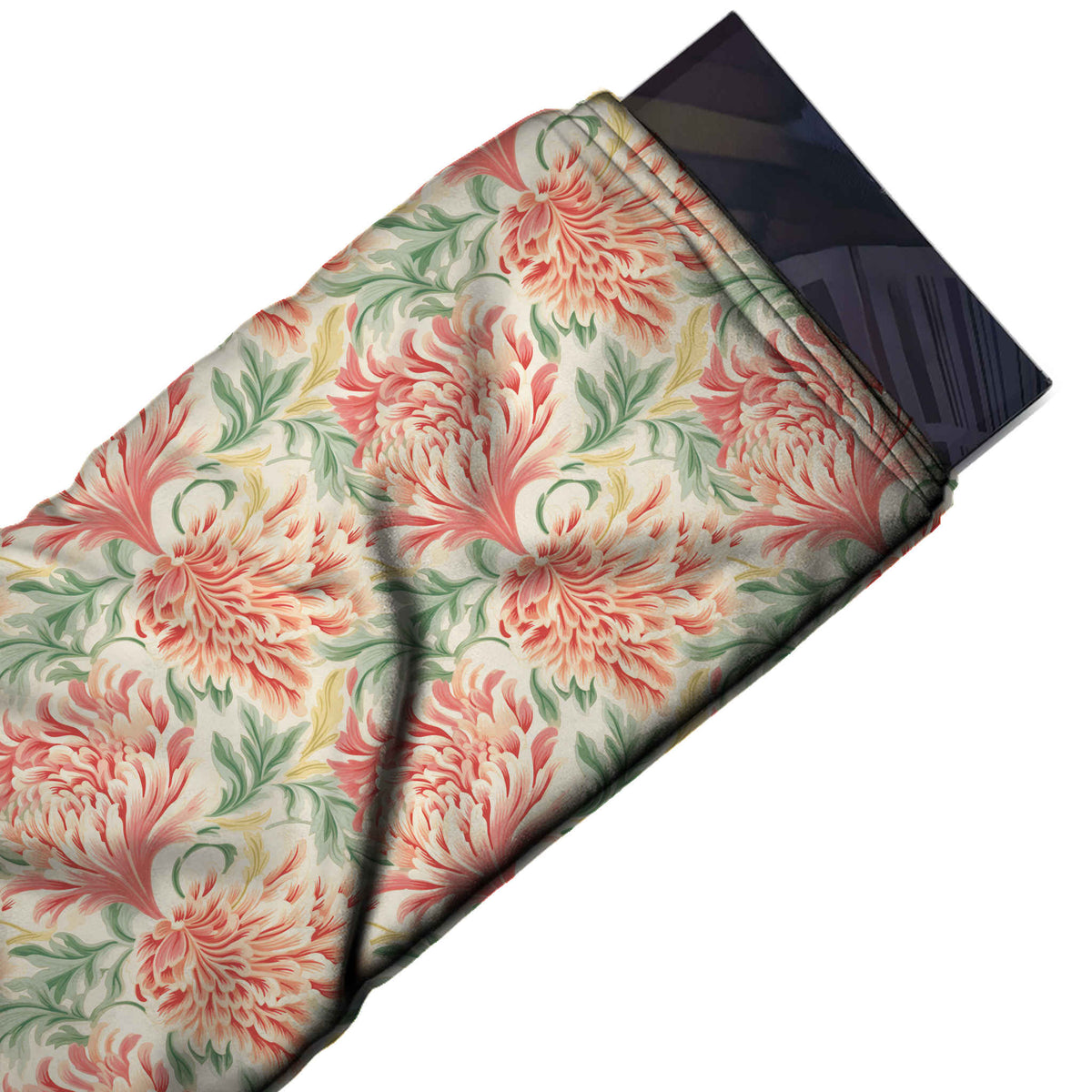 Flat fabric swatch: dense all-over floral of large coral and peach chrysanthemum blooms, design 3578, Clothwala