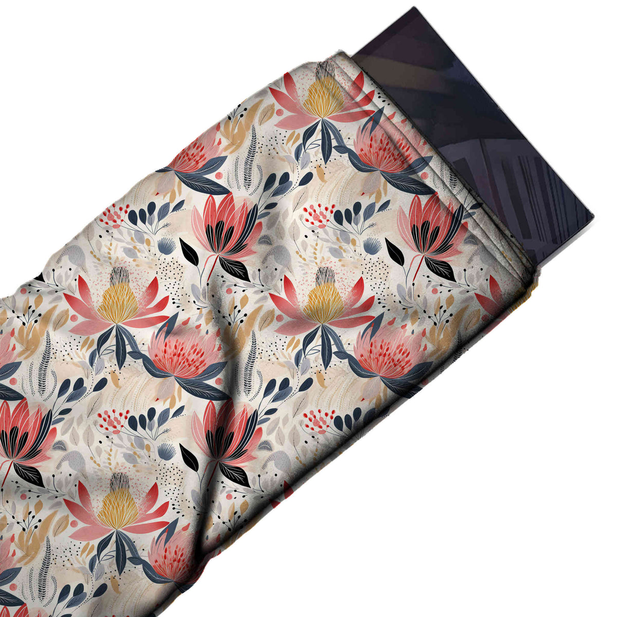 Flat fabric swatch: all-over one-way floral of upright coral and pink lotus-style blooms, design 3556, Clothwala