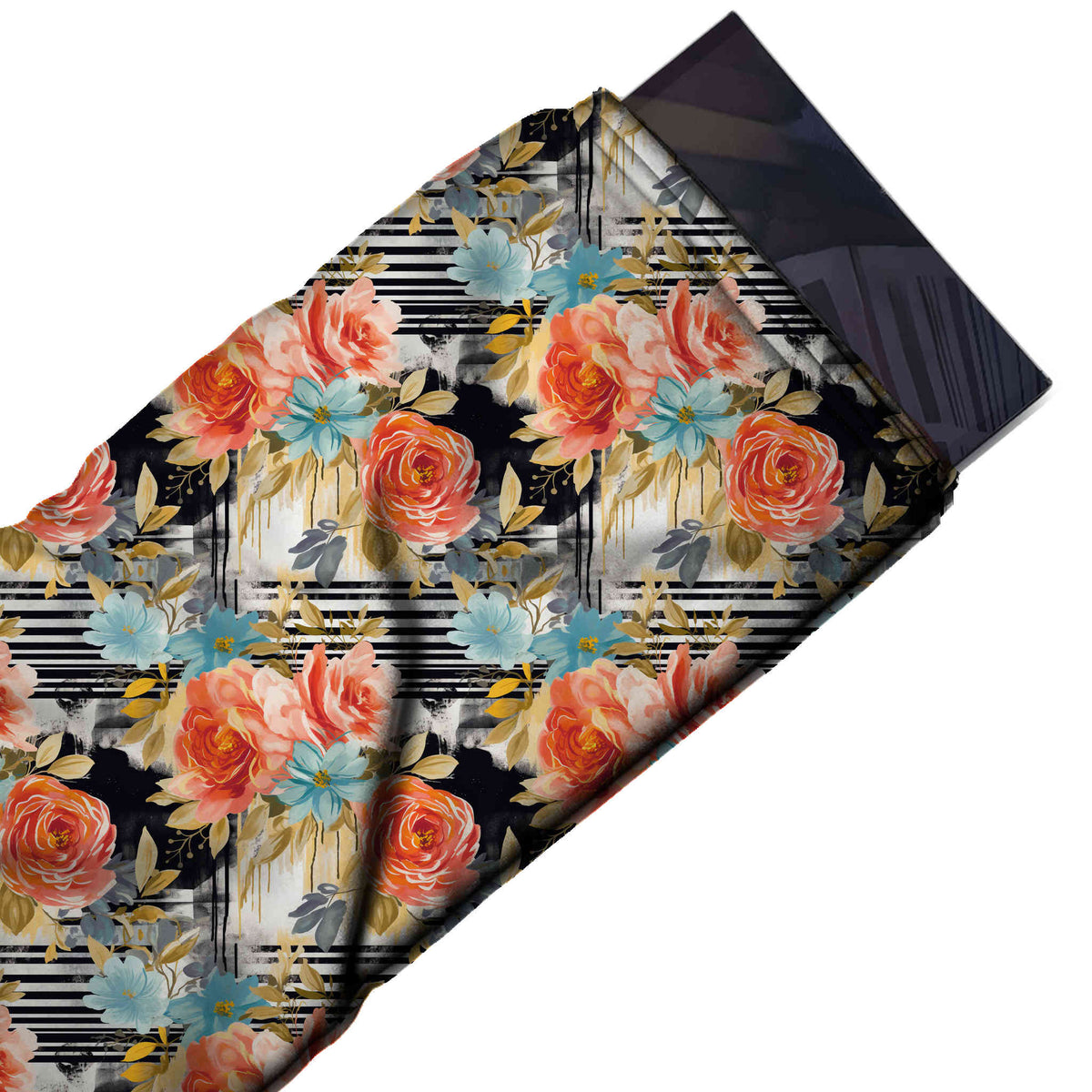 Flat fabric swatch: all-over watercolour floral of coral and peach roses with pale blue, design Design No_4297, Clothwala