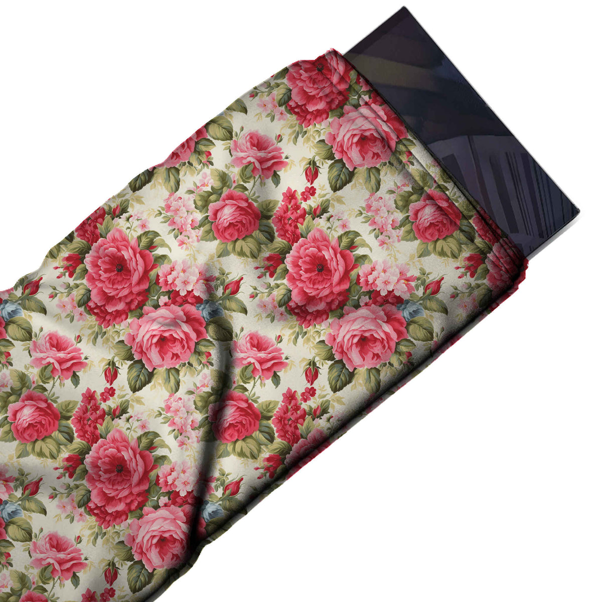 Flat fabric swatch: dense all-over layout of coral pink and red garden roses with pale pink blossom, design 3629, Clothwala