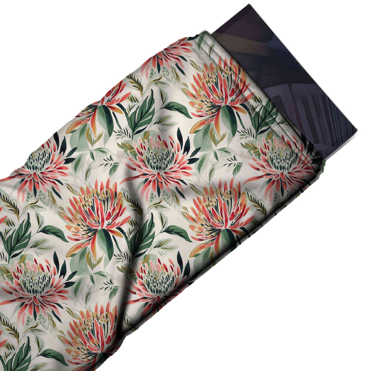 Flat fabric swatch: all-over floral of large spiky-petalled coral pink and orange blooms with dark, design 3580, Clothwala