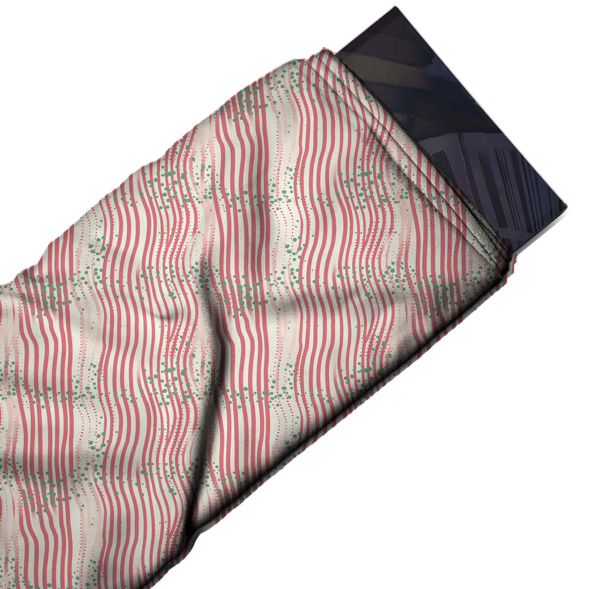 Flat fabric swatch: all-over vertical stripe of thin rippling coral pink lines grouped in, design Design No_4844, Clothwala