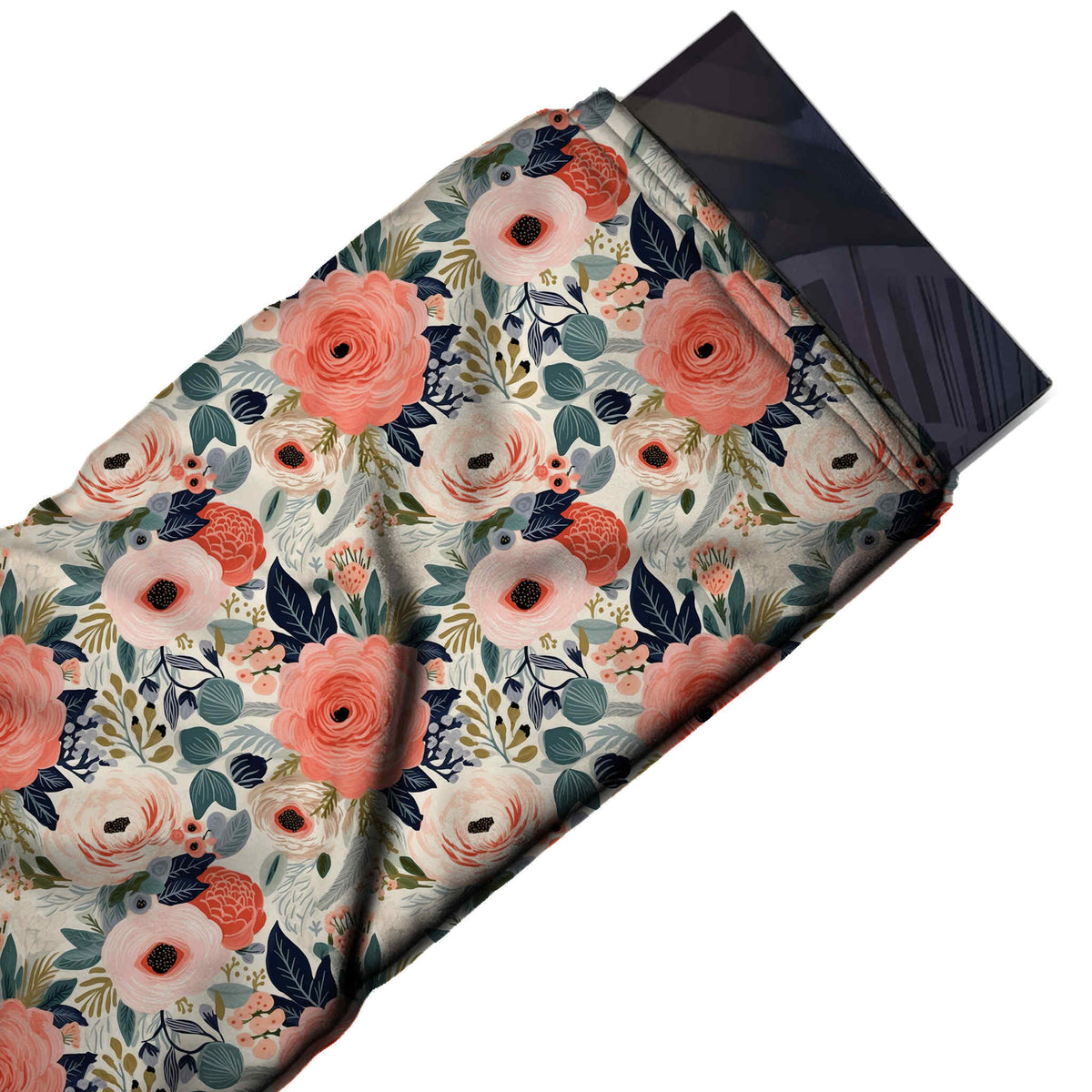 Flat fabric swatch: dense all-over floral of coral ranunculus and blush pink anemones with dark, design 3564, Clothwala